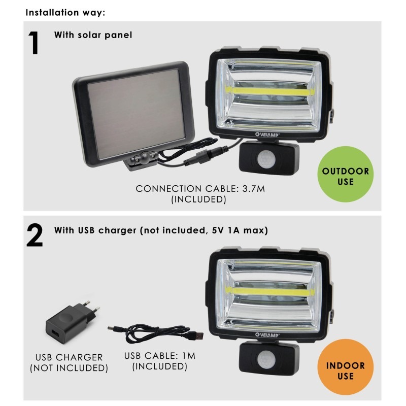 Inca projecteur rechargeable solaire led 1600 lm avec détecteur  - VELAMP - IS342