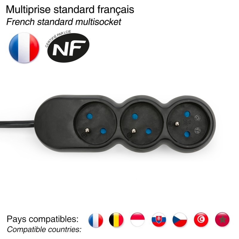 Multiprise 3 prises 16A avec protection enfant - câble 1,5m - VELAMP - MULTIP-FR-3K