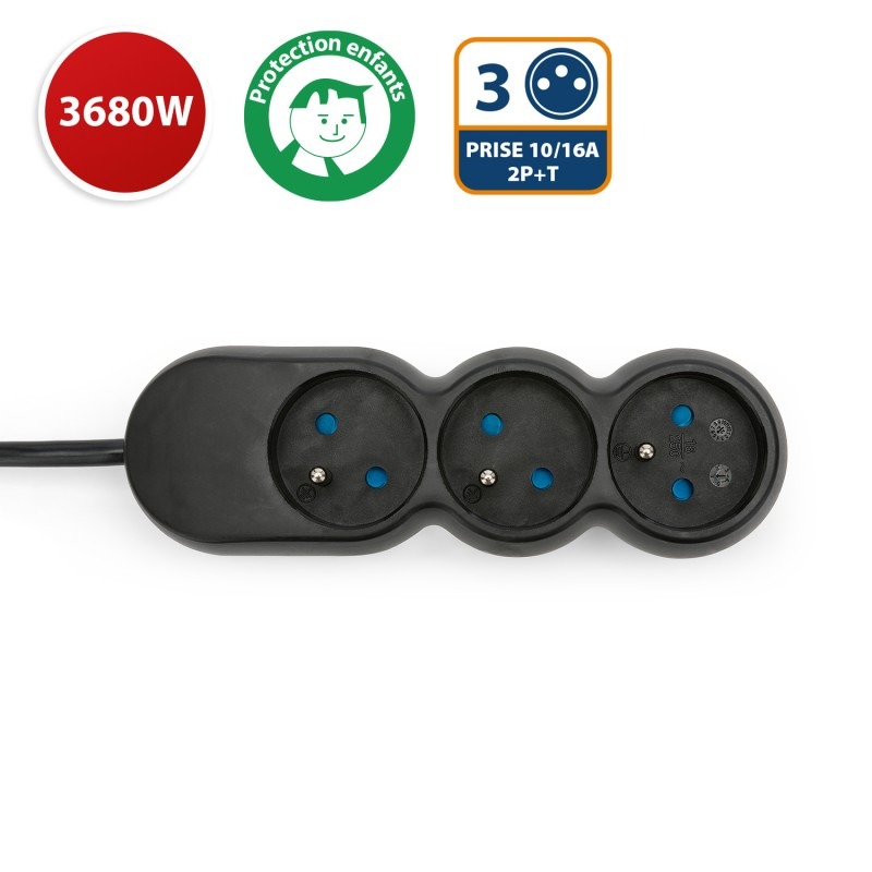 Multiprise 3 prises 16A avec protection enfant - câble 1,5m - VELAMP - MULTIP-FR-3K