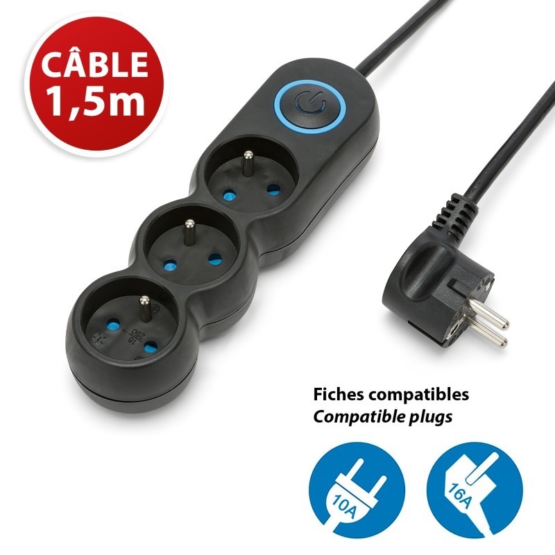 Multiprise 3 prises 16A avec interrupteur - câble 1,5m - VELAMP - MULTIP-FR-I-3K