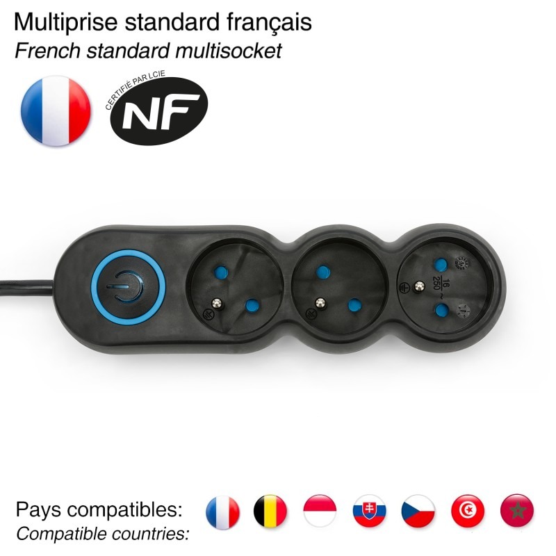 Multiprise 3 prises 16A avec interrupteur - câble 1,5m - VELAMP - MULTIP-FR-I-3K