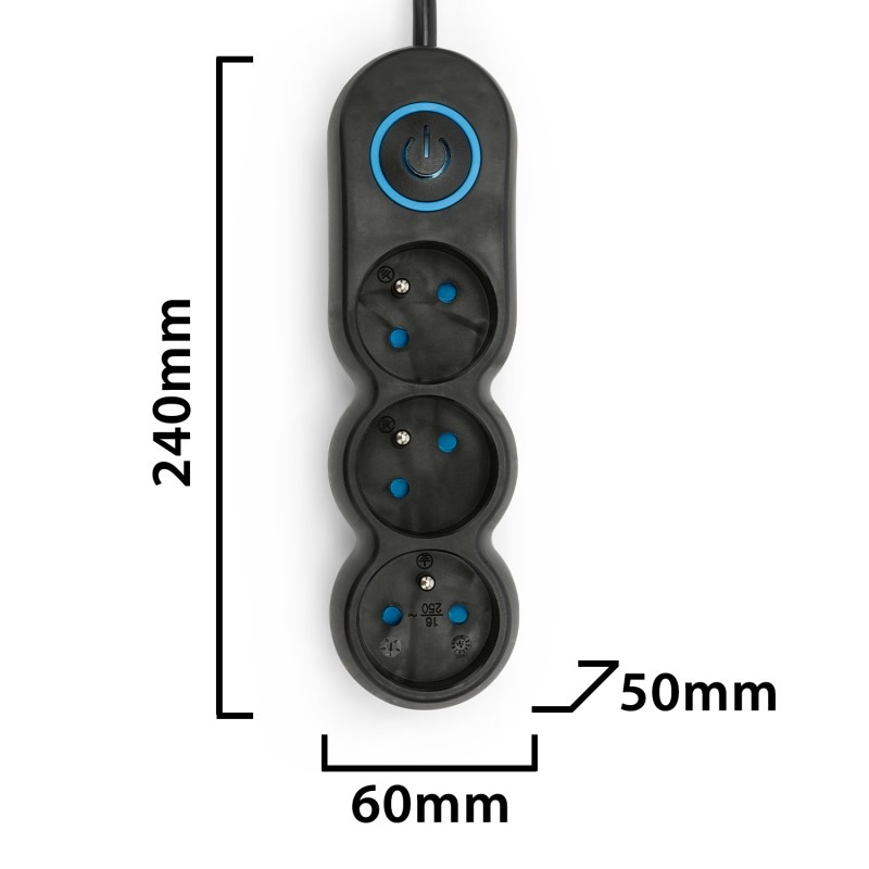 Multiprise 3 prises 16A avec interrupteur - câble 1,5m - VELAMP - MULTIP-FR-I-3K