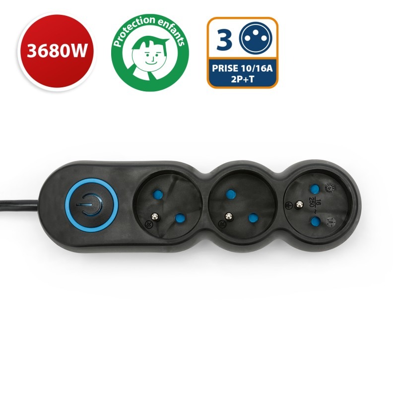 Multiprise 3 prises 16A avec interrupteur - câble 1,5m - VELAMP - MULTIP-FR-I-3K