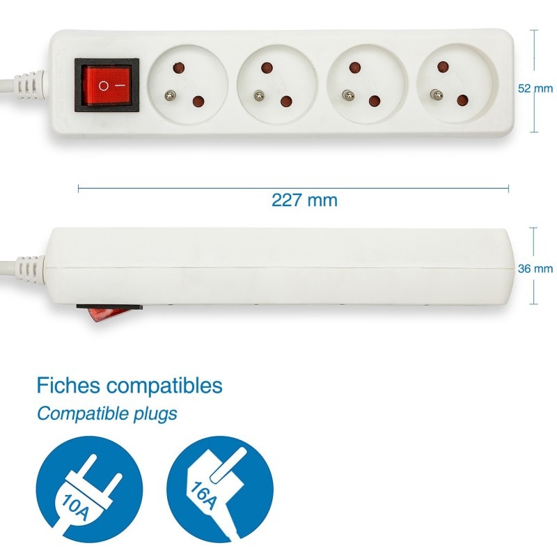 Multiprise 4 prises 16A avec interrupteur - câble 1m - VELAMP - MULTIP-FR-I-4