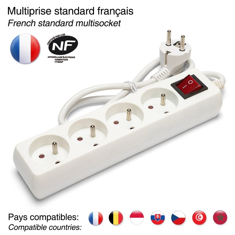 Multiprise 4 prises 16A avec interrupteur - câble 1m - VELAMP - MULTIP-FR-I-4