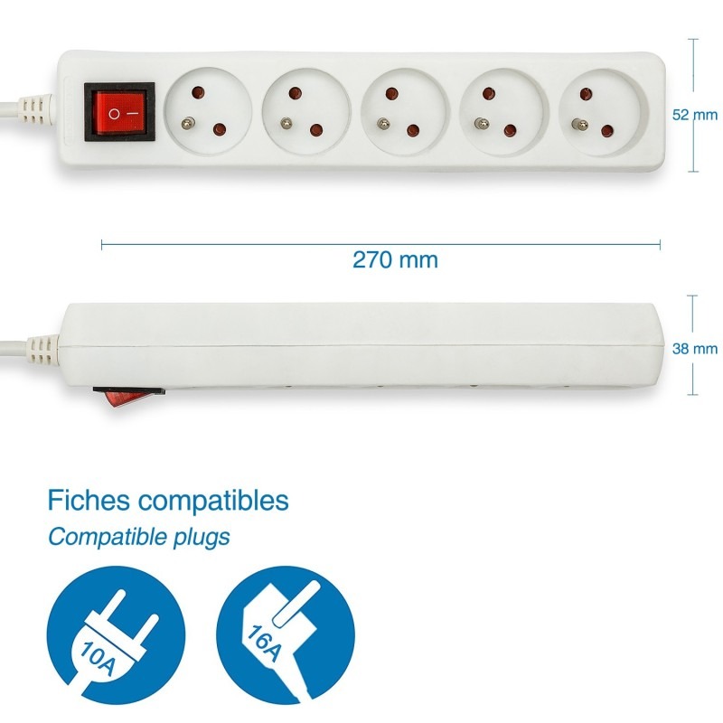 Multiprise 5 prises 16A avec interrupteur et câble 1m - VELAMP - MULTIP-FR-I-5