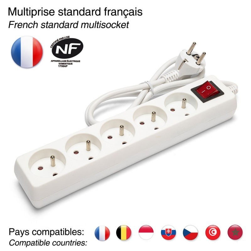 Multiprise 5 prises 16A avec interrupteur et câble 1m - VELAMP - MULTIP-FR-I-5