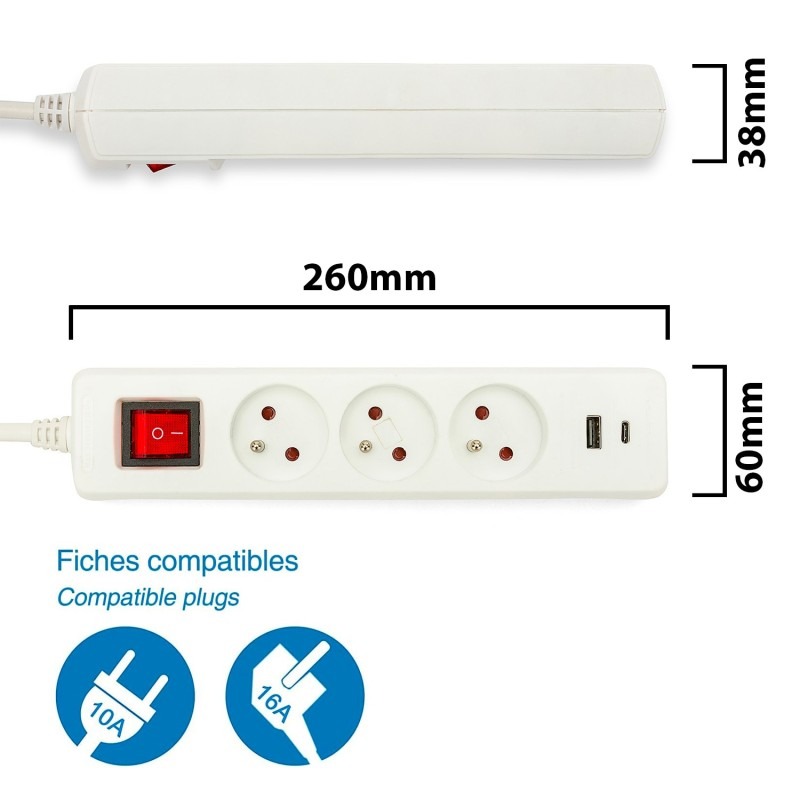 Bloc multiprise 3 sorties 2 prises USB  - VELAMP - MULTIP-FR-USB3