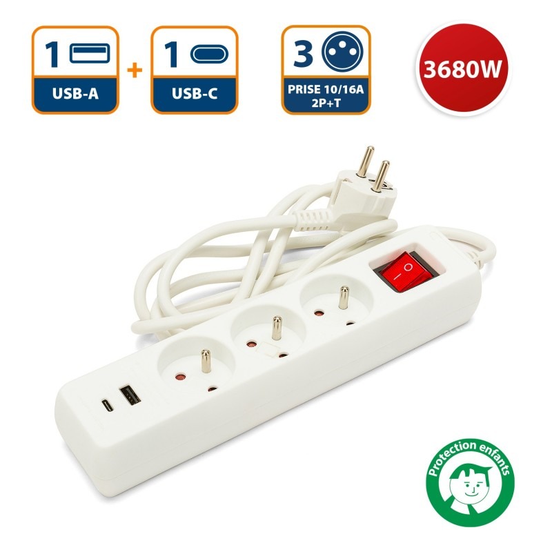 Bloc multiprise 3 sorties 2 prises USB  - VELAMP - MULTIP-FR-USB3