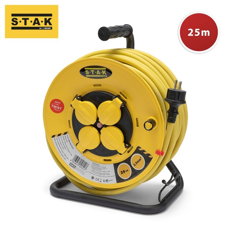 Enrouleur prof 4 prises 25 m H07RN-F 3G2,5 mm² IP44 tambour fixe - VELAMP - REELPRO-FR-25