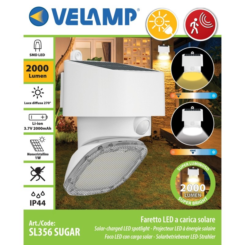 Projecteur LED solaire SUGAR 2000 lm avec détecteur de mouvement - VELAMP - SL356