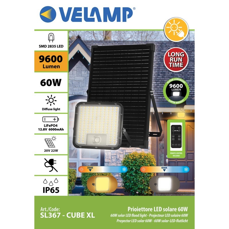 CUBE Projecteur LED solaire 9600 lumens avec détecteur PIR et panneau solaire déport - VELAMP - SL367