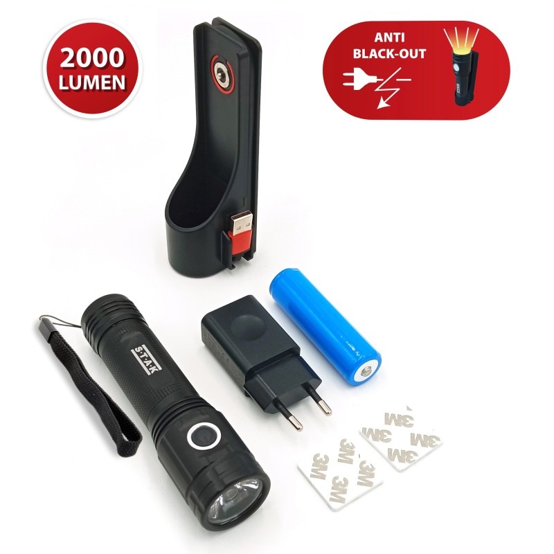 Torche LED STURM rechargeable 2000 lm avec support mural - VELAMP - ST096