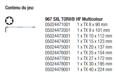 Jeu de 9 clés coudées TORX WERA HF de 8 à 40 TX - 05024470001