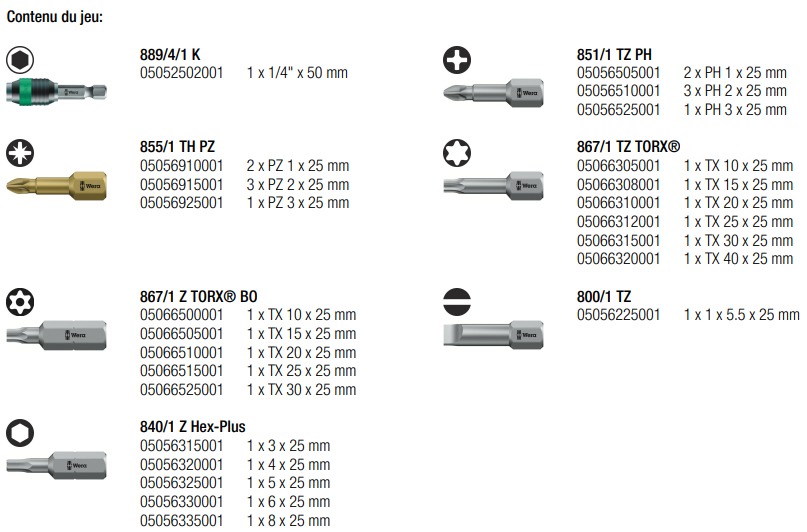 Jeu d'embouts de vissage Wera - 30 pièces - 05056440001