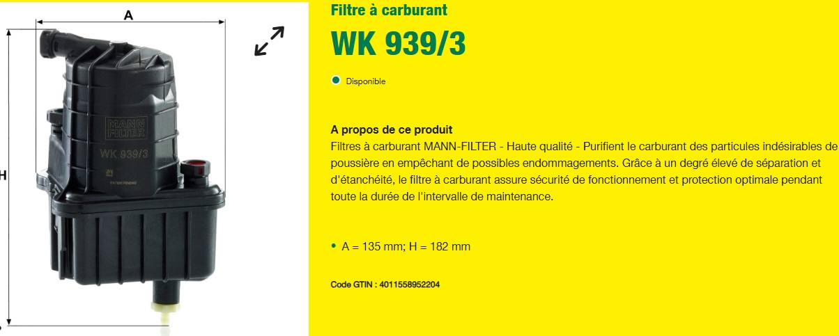 FILTRE A CARBURANT MANN FILTER WK9393 EQUIVALENT HIFI SN 99131