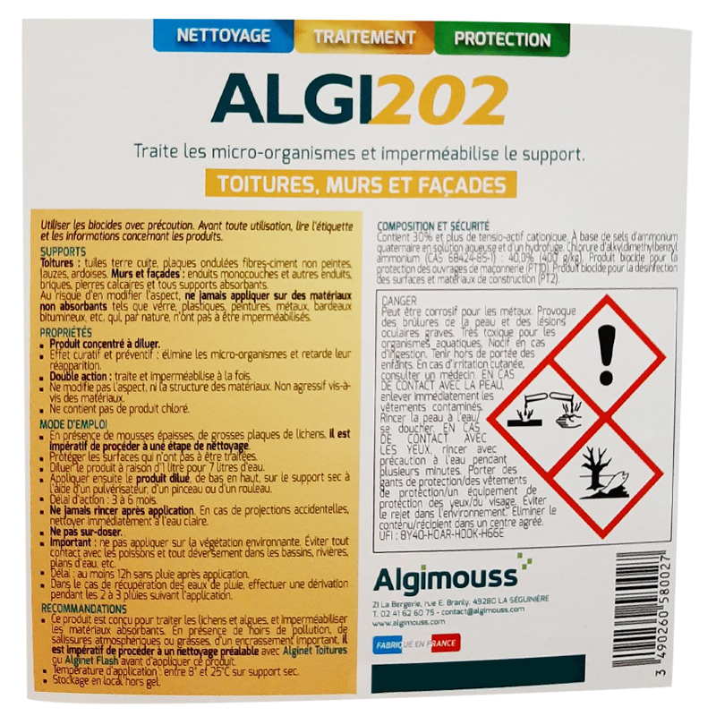 ALGI 202 - 5 LITRES - Traitement et imperméabilisant toitures, murs, façades ALGIMOUSS - 058001