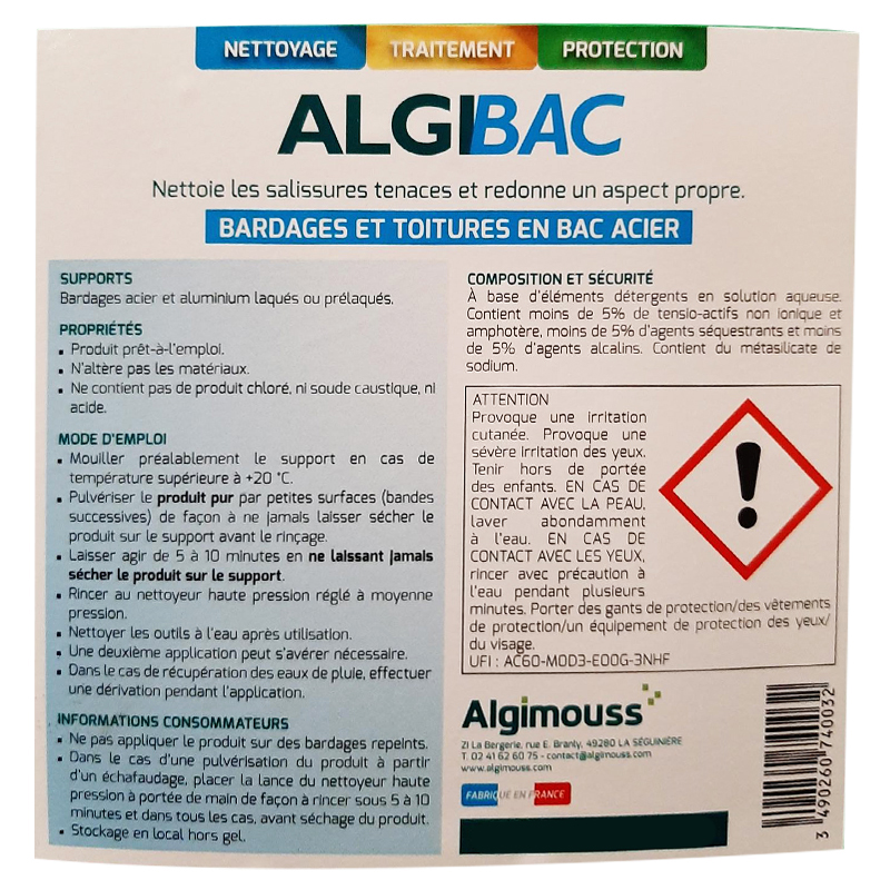 ALGIBAC - 5 LITRES - Nettoyant bardage ALGIMOUSS - 074001