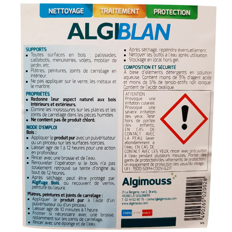 ALGIBLAN - 5 LITRES - Nettoyant bois noircis et moisissures ALGIMOUSS - 002003