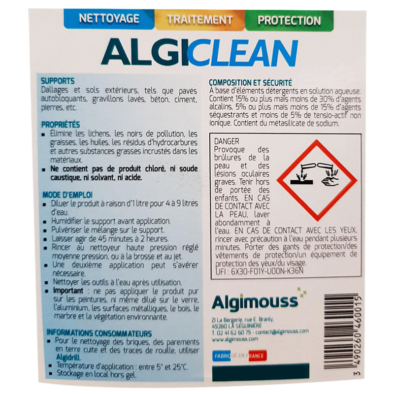 ALGICLEAN - 5 LITRES - Nettoyant dallages et sols ciment - concentré à diluer ALGIMOUSS - 046002