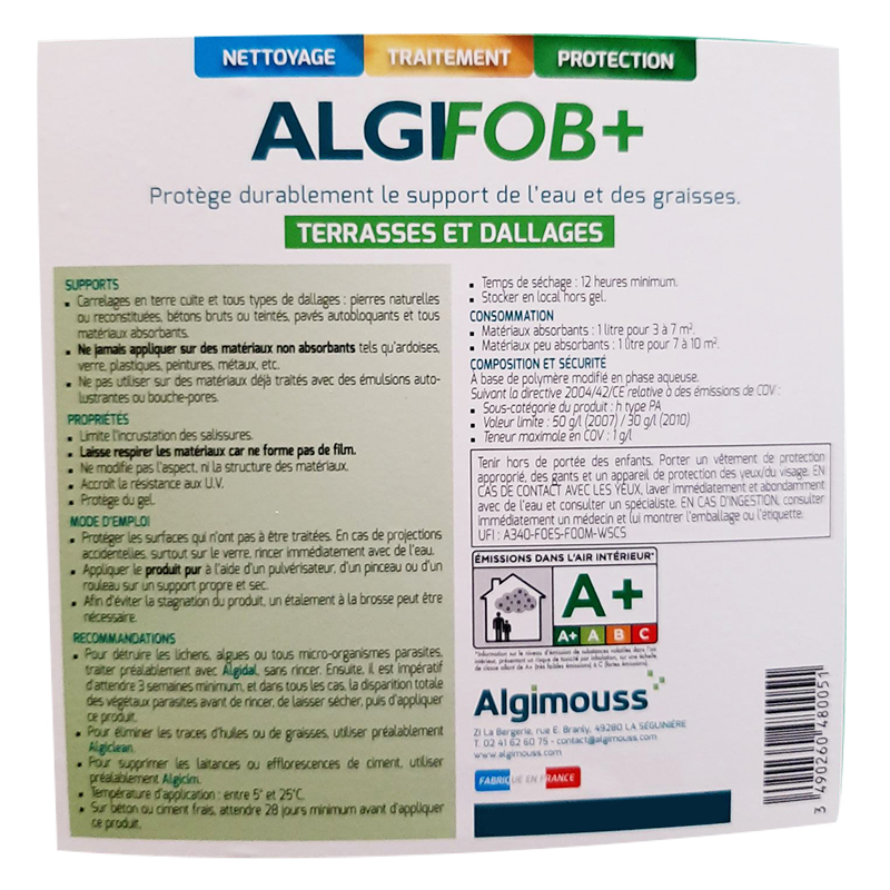 ALGIFOB+ - 5 LITRES - Imperméabilisant eau + graisses pour dallages, carrelage ALGIMOUSS - 048002