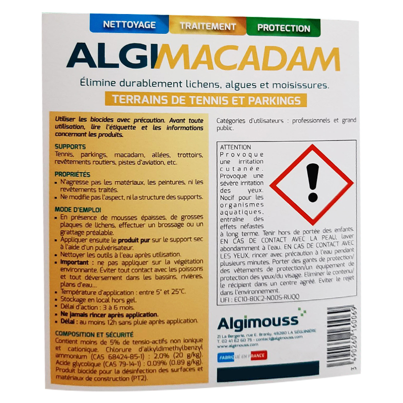 ALGIMACADAM - 30 LITRES - Traitement tennis, parkings, macadam ALGIMOUSS - 016001