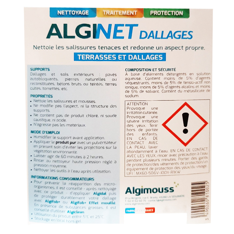ALGINET DALLAGES - 15 LITRES - Nettoyant dallages, sols extérieurs ALGIMOUSS - 081004