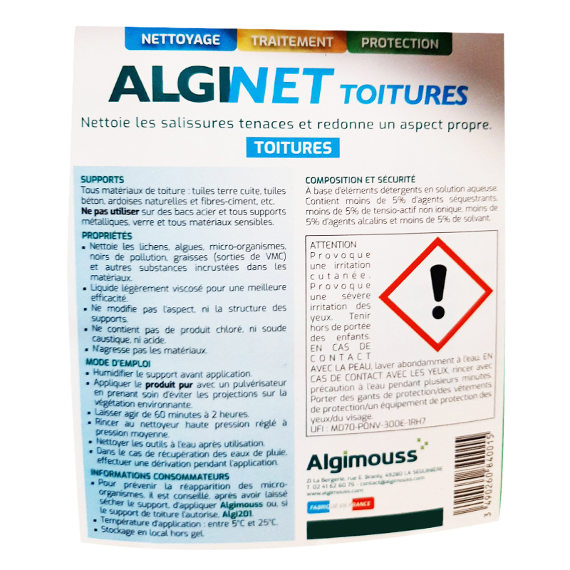 ALGINET TOITURES - 15 LITRES - Nettoyant toitures spécial lichens gris ALGIMOUSS - 084002