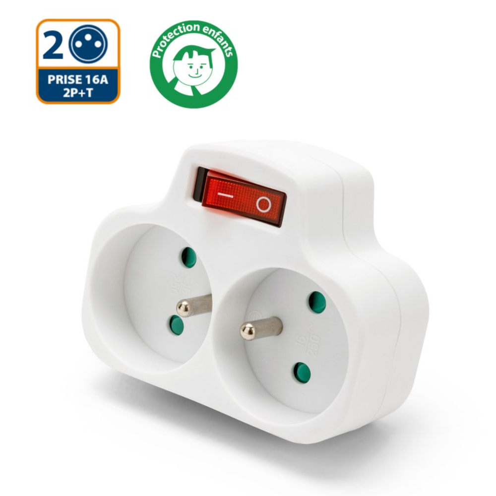 Biplite française 2 entrées 2P + T 16A avec interrupteur - VELAMP - ADAT-FR-4