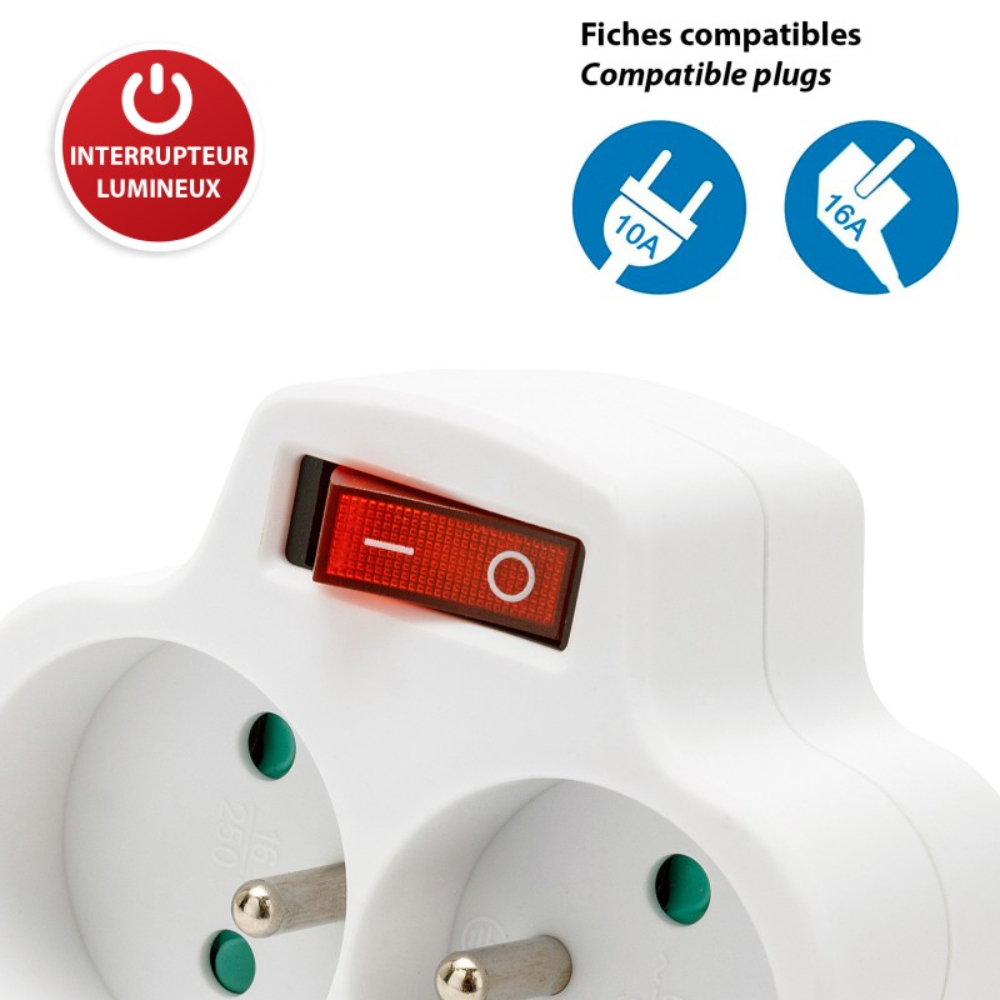 Biplite française 2 entrées 2P + T 16A avec interrupteur - VELAMP - ADAT-FR-4
