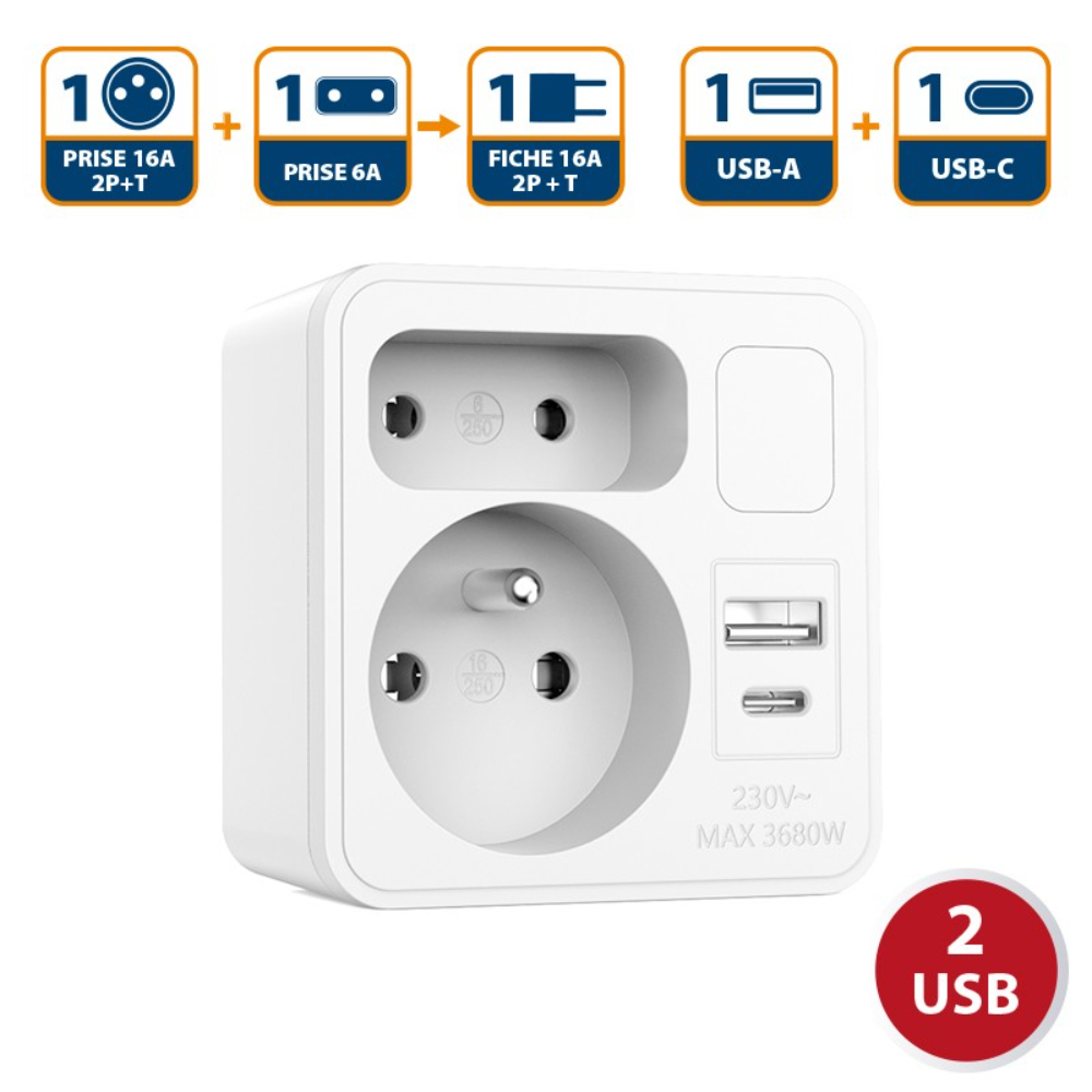 Biplite frontale 2 prises 16A + 6A - avec veilleuse et 1 prise USB-A + 1 prise USB-C - VELAMP - ADAT-FR-12