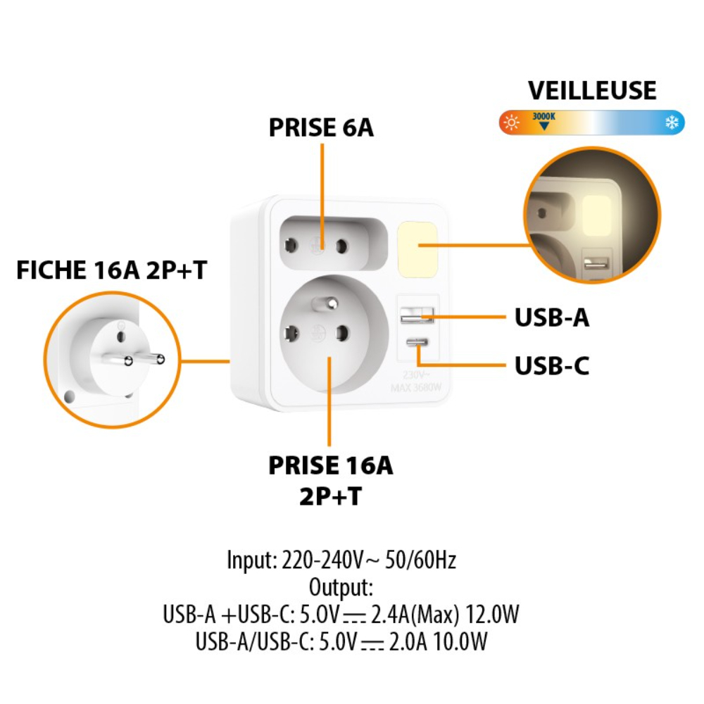 Biplite frontale 2 prises 16A + 6A - avec veilleuse et 1 prise USB-A + 1 prise USB-C - VELAMP - ADAT-FR-12