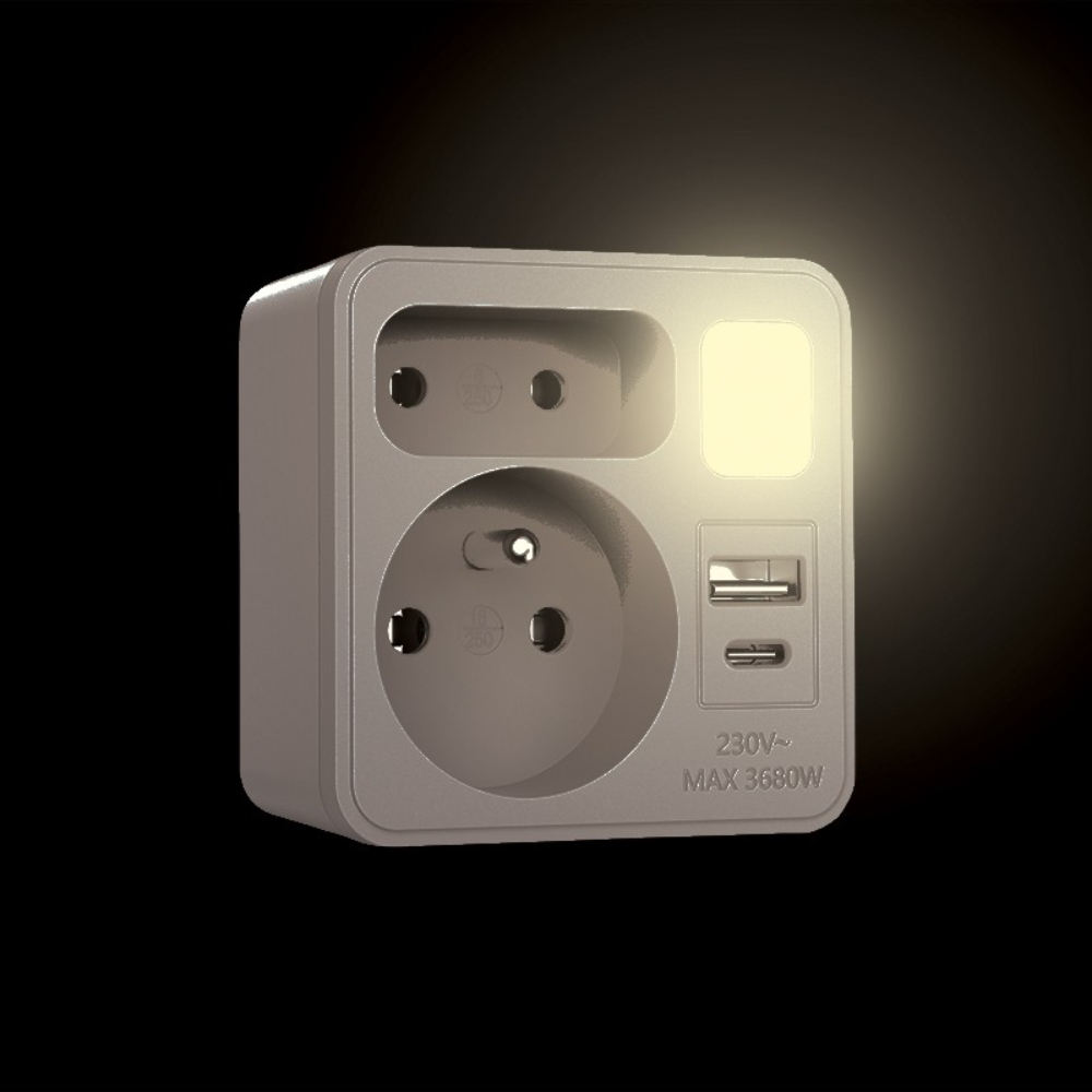 Biplite frontale 2 prises 16A + 6A - avec veilleuse et 1 prise USB-A + 1 prise USB-C - VELAMP - ADAT-FR-12