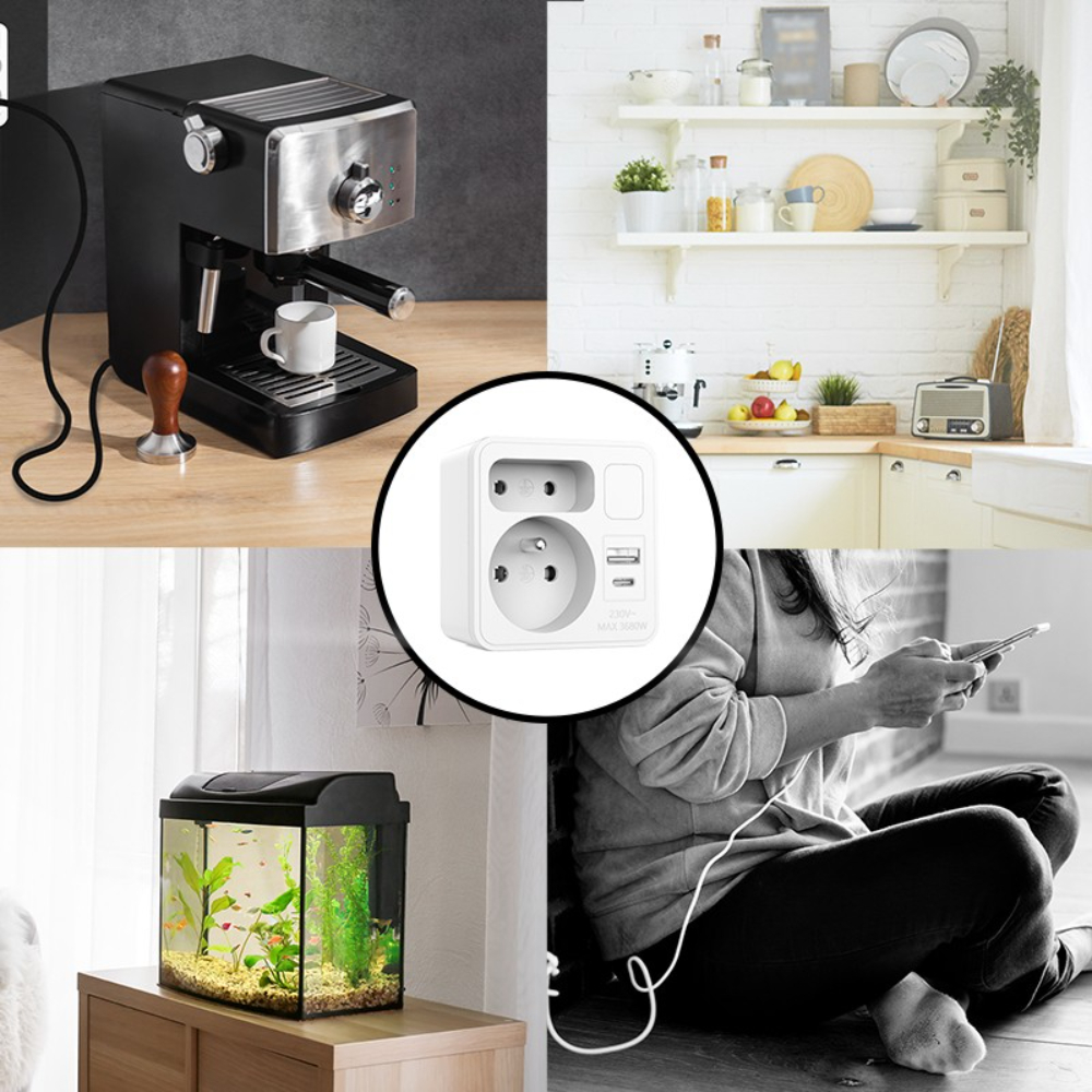 Biplite frontale 2 prises 16A + 6A - avec veilleuse et 1 prise USB-A + 1 prise USB-C - VELAMP - ADAT-FR-12