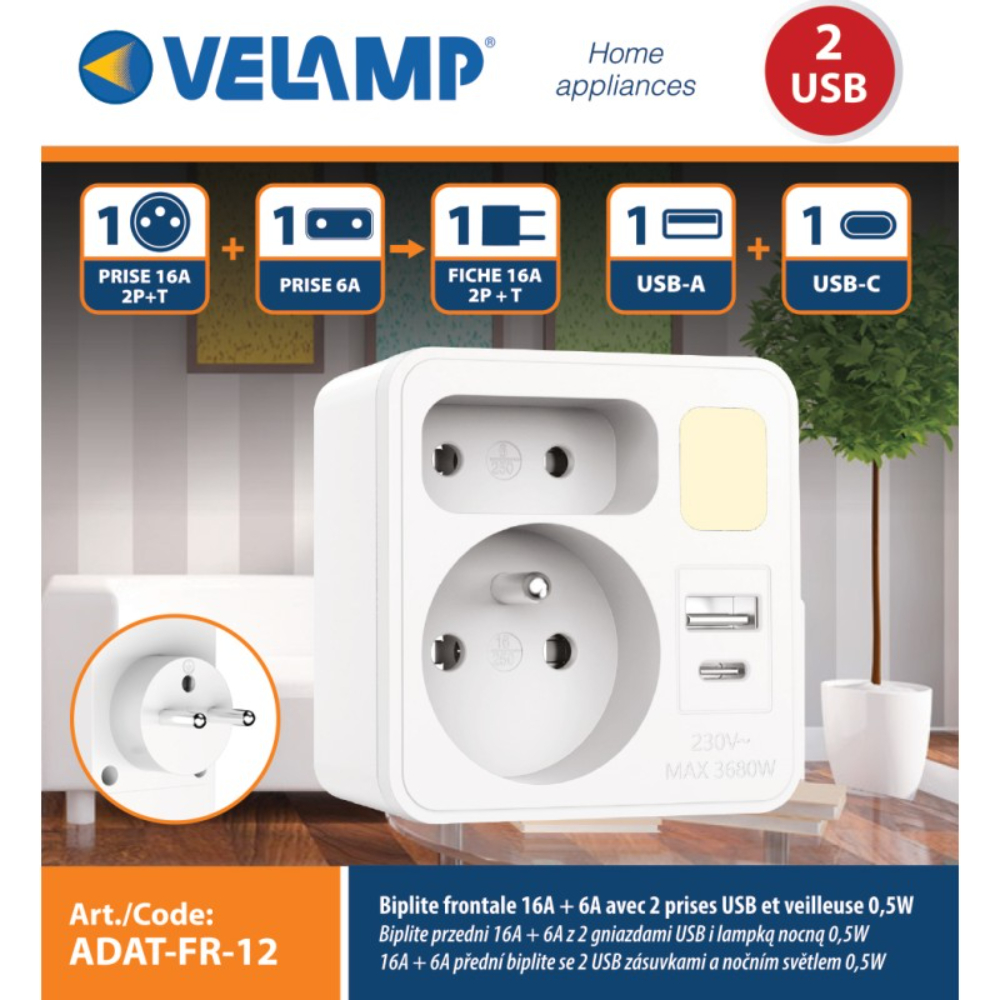 Biplite frontale 2 prises 16A + 6A - avec veilleuse et 1 prise USB-A + 1 prise USB-C - VELAMP - ADAT-FR-12