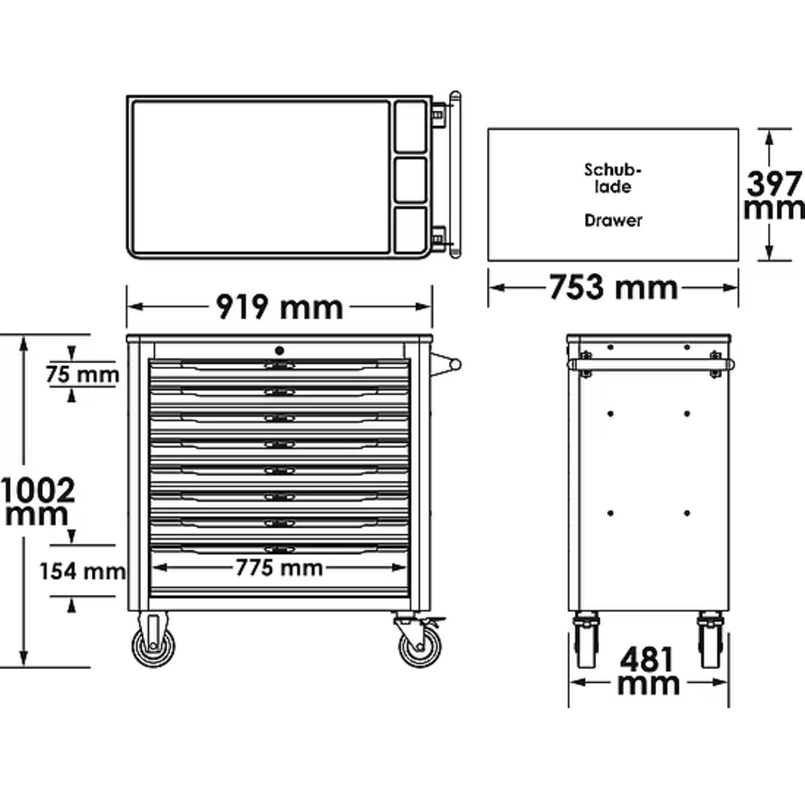 Servante d'atelier séries XL plateau de travail en matière plastique avec assortiment  VIGOR - V4542
