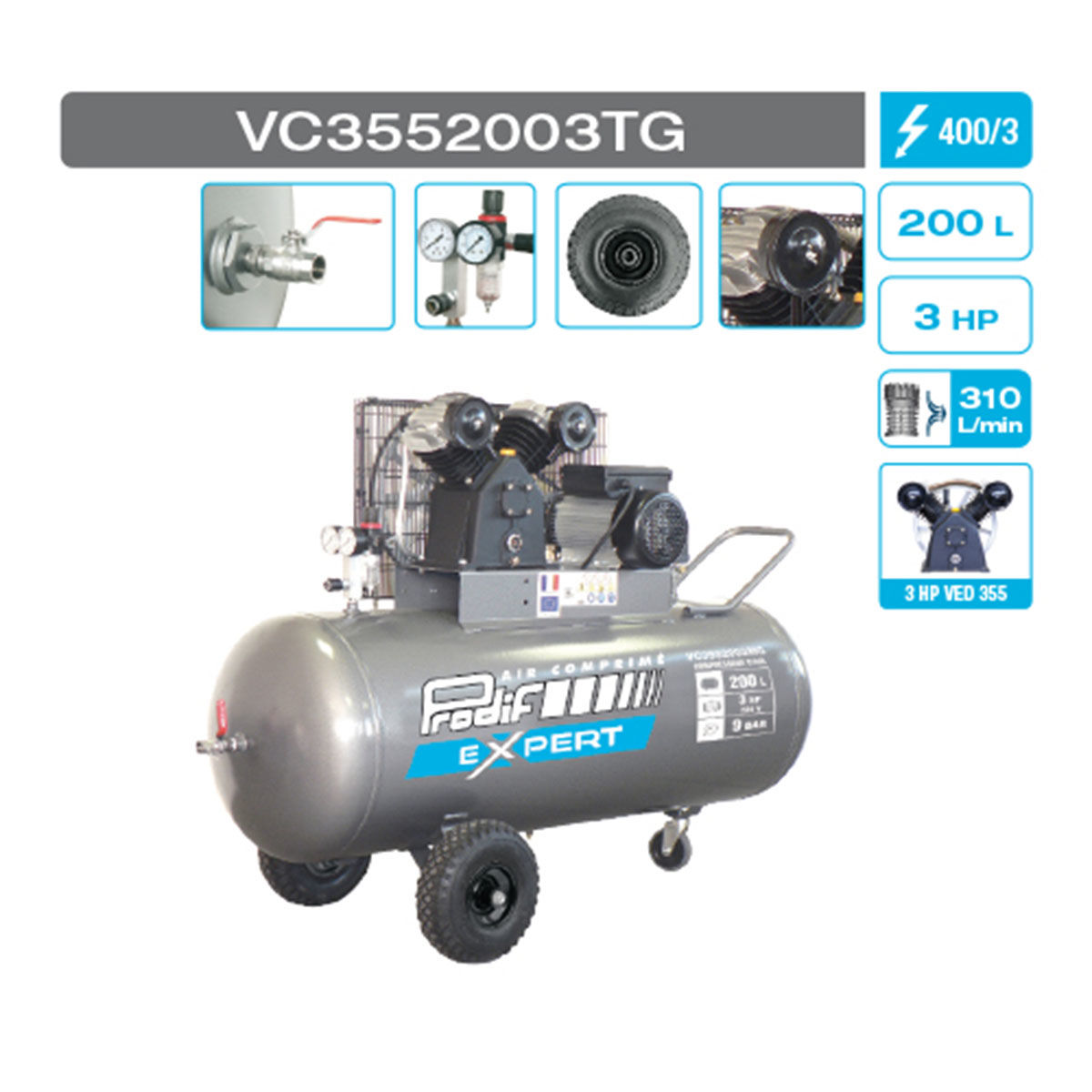 Compresseur 200 litres PRODIF 2 cylindres 400V 9 bar 3CV triphasé - VC3552003TG