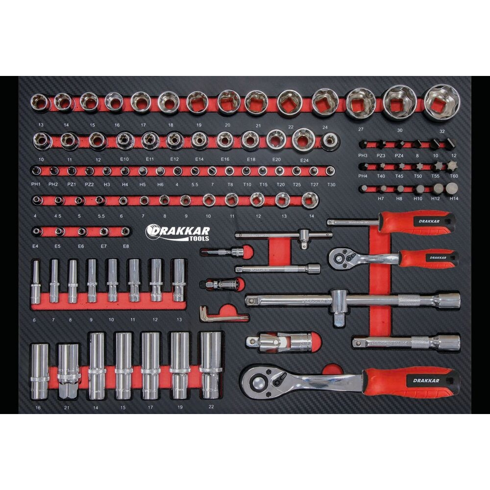 Servante d'atelier 7 tiroirs composée de 176 outils - modules finition carbone - DRAKKAR - 83880