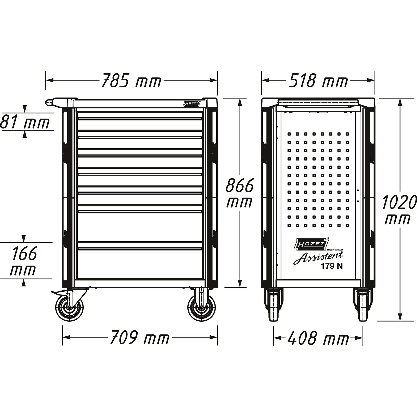 Servante d'atelier 9 tiroirs 785 x 518 x 1020 mm plan plastique bleu HAZET HAZET - 179N-9