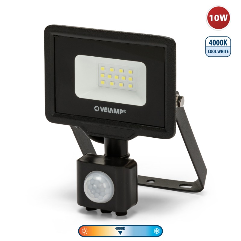 Projecteur LED SMD 10W IP44 noir 4000K avec détecteur de mouvements PADLIGHT5 - VELAMP - IS743-5-4000K