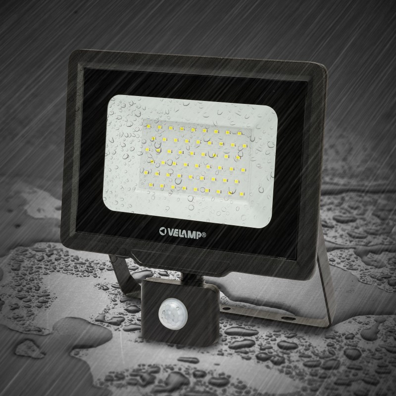 Projecteur LED SMD IP44 50W noir 4000K avec détecteur de mouvements PADLIGHT5 - VELAMP - IS768-5-4000K