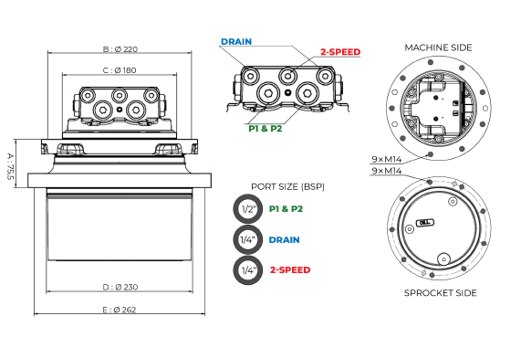 Motoréducteur MECATRA CATERPILLAR 304/305/305C JCB 8052 TAKEUCHI TB153FR pour machine de 5 à 6 tonnes - TPMRC56A