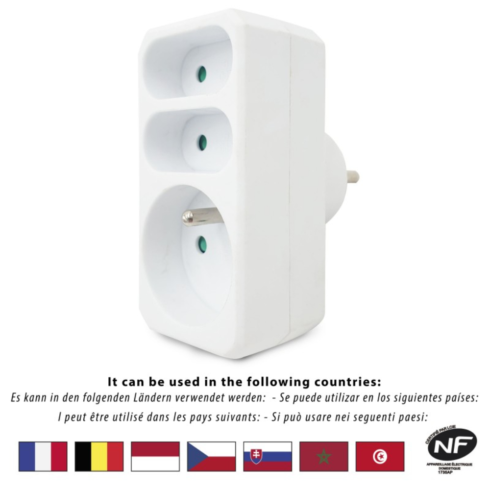 Multiprise 3 prises électriques frontales 16A + 2x6A - VELAMP - ADAT-FR-3