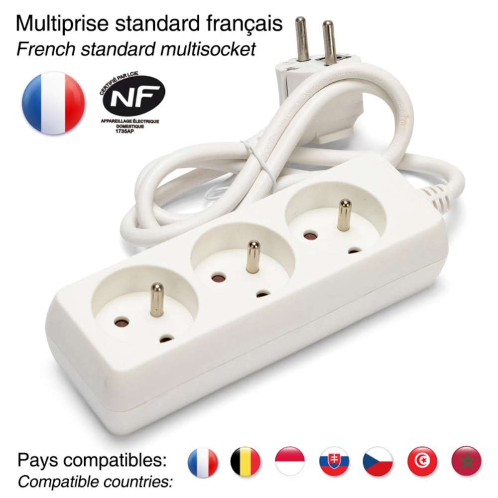 Bloc multiprise 3x16A, 1m H05VV-F 3G1.0 mm² - CE & NF - VELAMP - MULTIP-FR-3