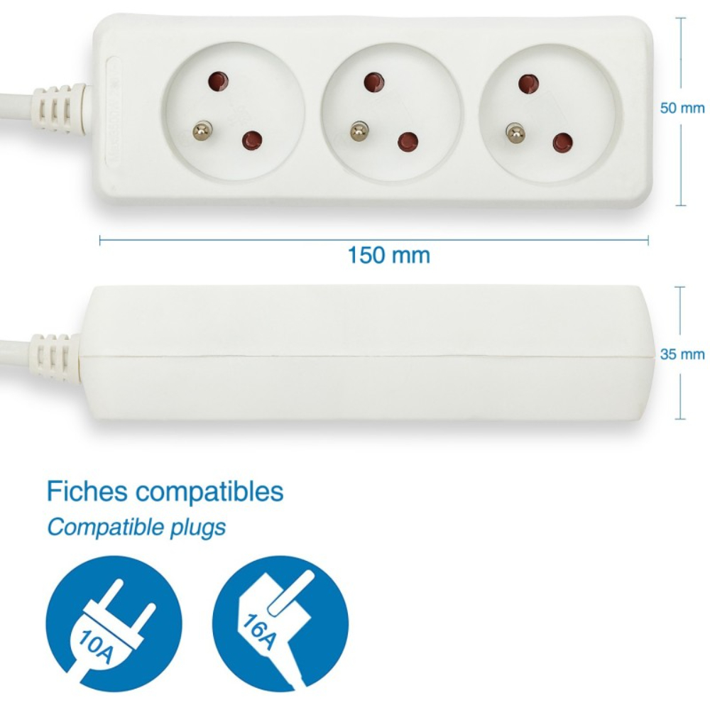 Bloc multiprise 3x16A, 1m H05VV-F 3G1.0 mm² - CE & NF - VELAMP - MULTIP-FR-3