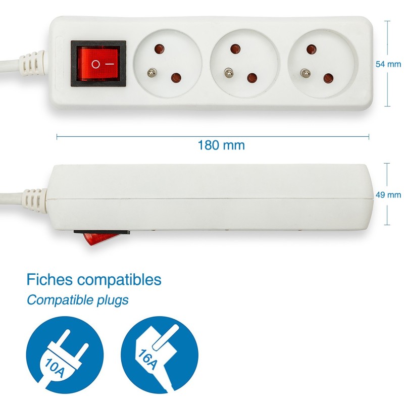 Bloc multiprise 3x16A avec interrupteur 1m CE & NF - VELAMP - MULTIP-FR-I-3