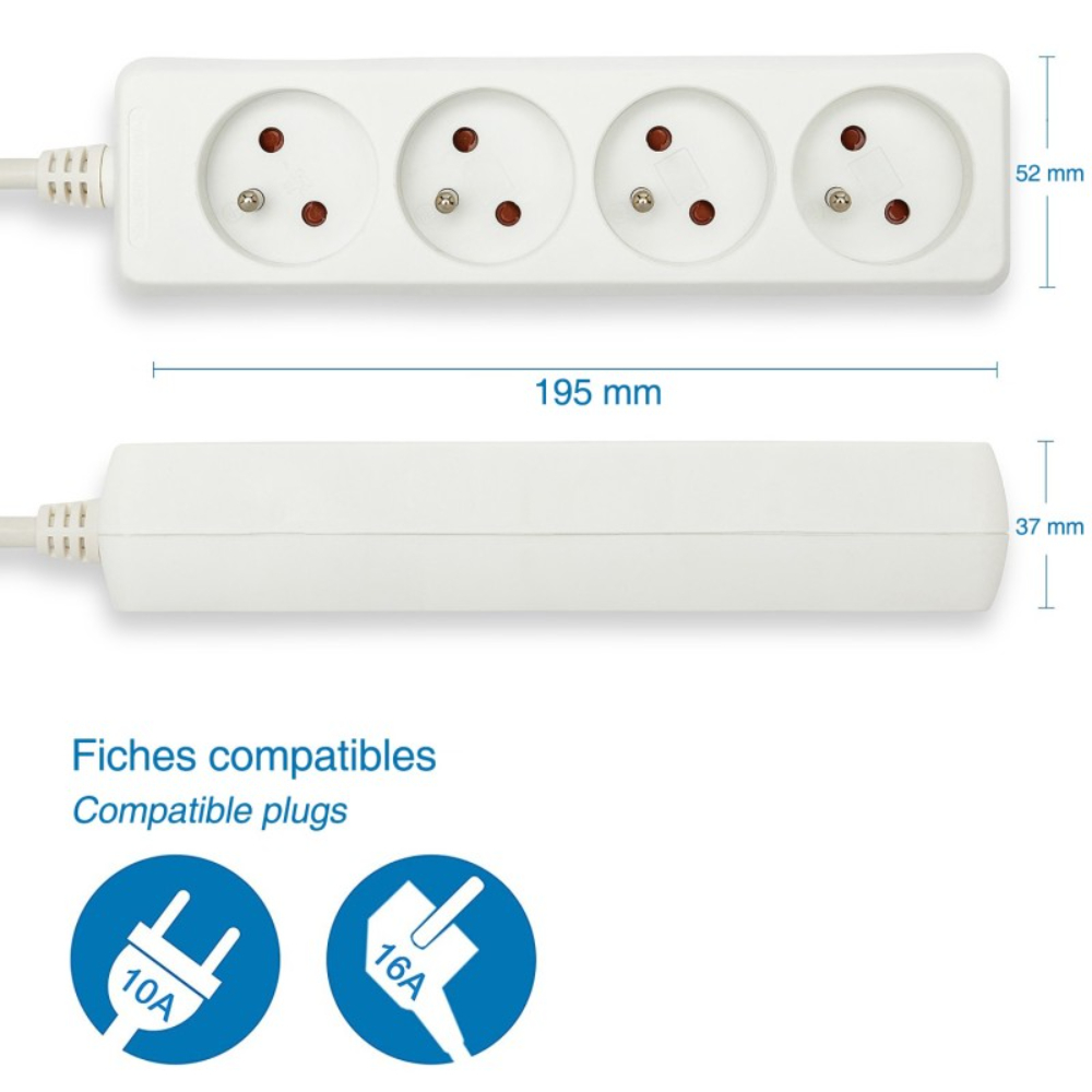 Bloc multiprise 4x16A 1m H05VV F3G1.0MM2 CE & NF - VELAMP - MULTIP-FR-4