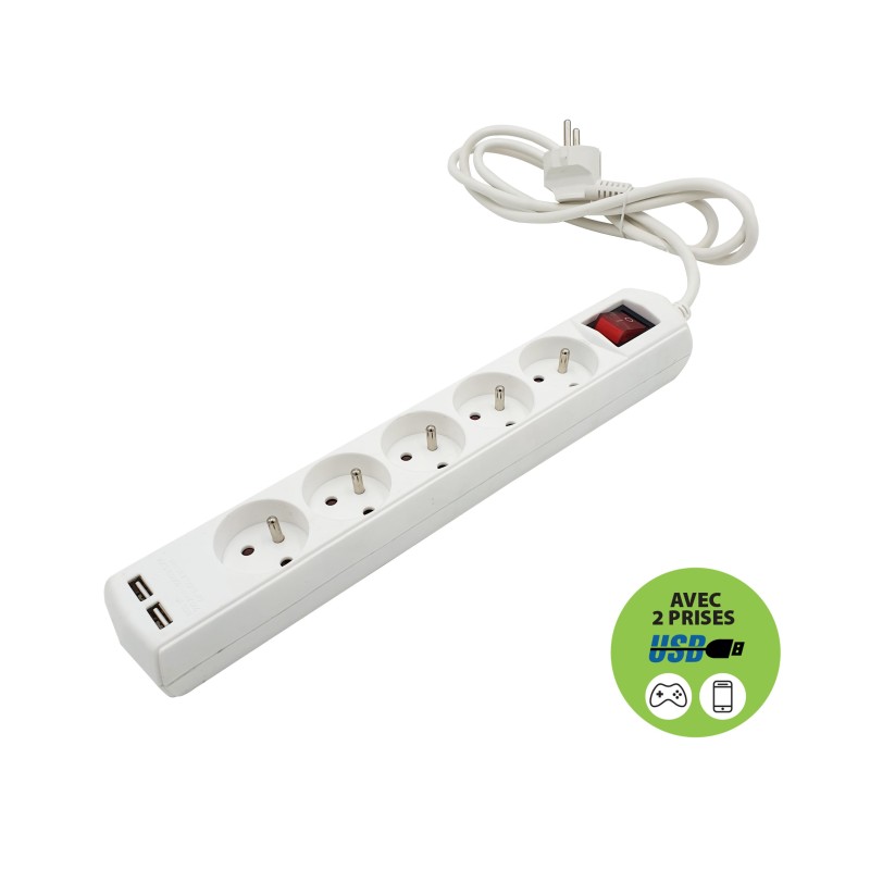 Multiprise 5 sorties + 2 USB câble 1,5m - VELAMP - MULTIP-FR-USB5