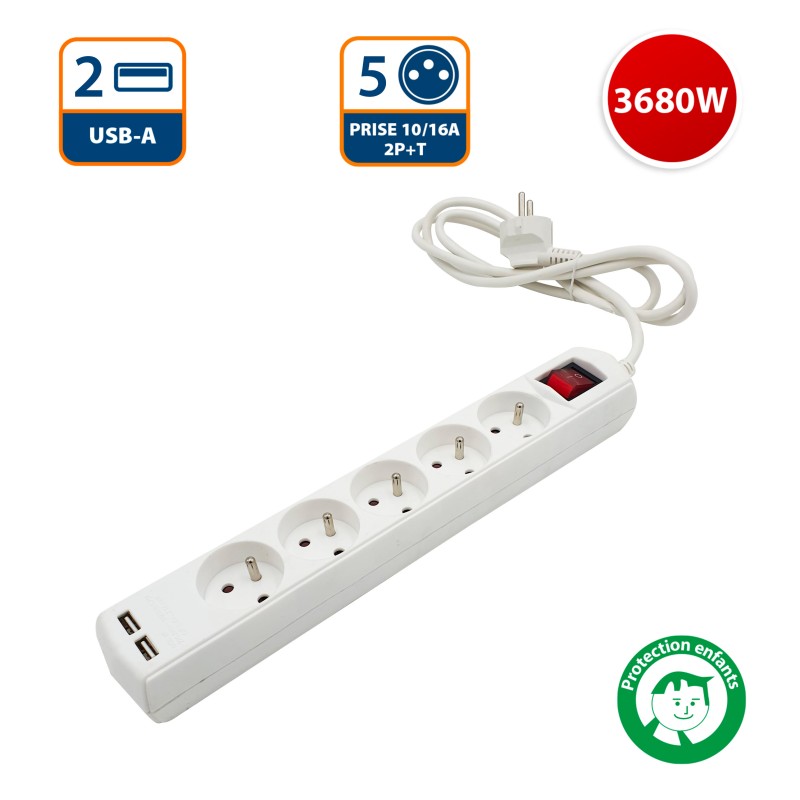 Multiprise 5 sorties + 2 USB câble 1,5m - VELAMP - MULTIP-FR-USB5
