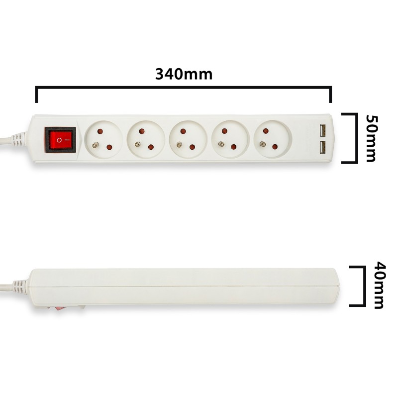 Multiprise 5 sorties + 2 USB câble 1,5m - VELAMP - MULTIP-FR-USB5